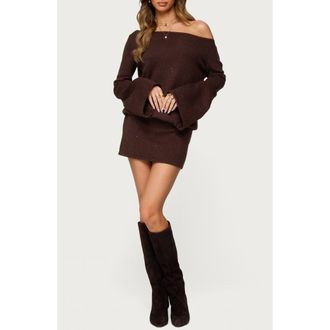 Edikted Off the Shoulder Long Sleeve Sweater Dress in Brown at Nordstrom, Size X-Small