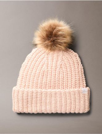 Calvin Klein Womens Fleece Ribbed Pom-Pom Beanie - Pink