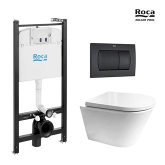 Roca Roca - Bastidor Active Pack Cisterna Empotrada Y Pulsador Negro Mate Con Inodoro Suspendido Vortex Orion Tapa Envolvente De Kp