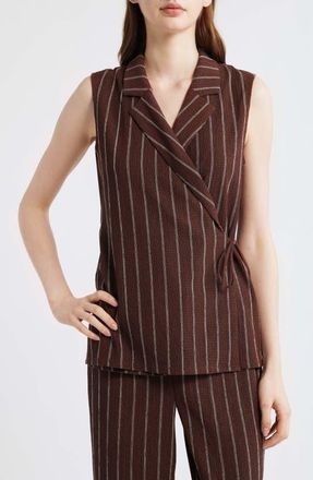 Anne Klein Notch Lapel Stripe Wrap Top in Dark Chocolate/White at Nordstrom, Size X-Small P