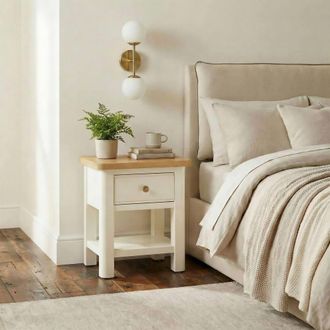 Furniturebox Belle Solid Oak Wood & Cream Bedside Table