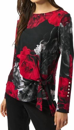 Joseph Ribkoff Floral Print Boat Neck Long Sleeves Fitted Top In Black/red