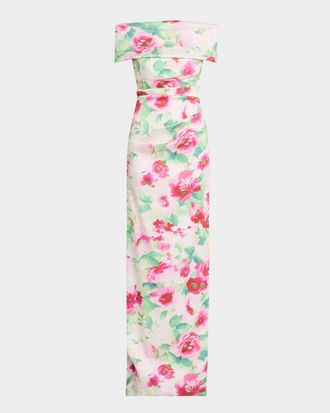 Teri Jon Off-Shoulder Pleated Mikado Column Gown