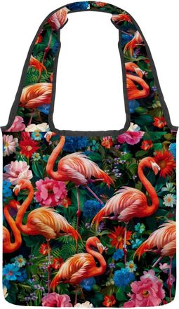 Generic Flower Flamingos Reversible Canvas Shoulder Tote - Double-Sided Print, 12oz Cotton, 27cm Drop, Fold-Flat Bag for Travel, Shopping, Street Outings