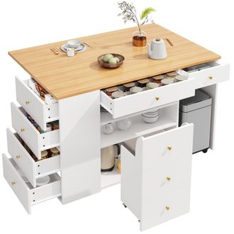 STILVORA Isla De Cocina Con 6 Cajones, 2 Estantes Abiertos Y Taburete Con Almacenaje Y Ruedas En Mdf 140x40x89 Cm