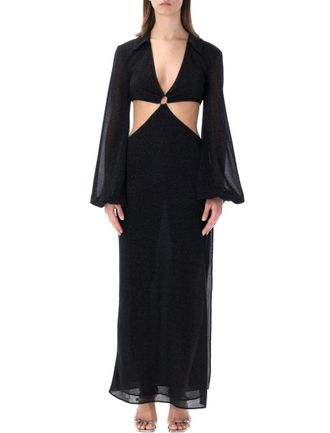 Os&eacute;ree Black V-Neck Cut Out Long Dress