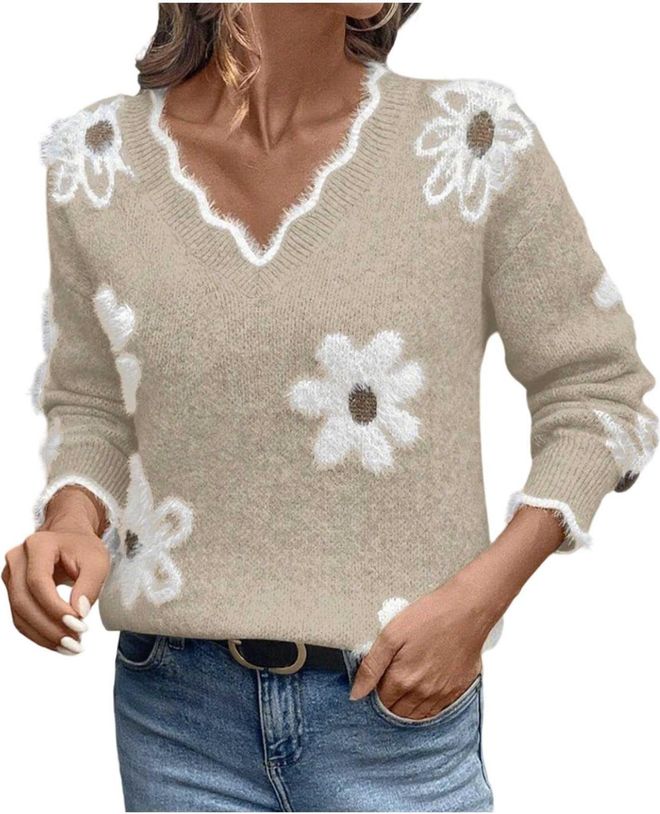 Womens Jumpers Long Sleeve Scalloped V Neck Jumper Comfy Soft Casual Floral Pullover Sweaters Ladies Autumn Winter Clothes (UK, Alpha, XL, Regular, Re