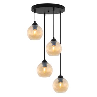 OEM L&aacute;mpara Colgante Riffle Negra 4 Planas Pantalla Miel Bolas E27