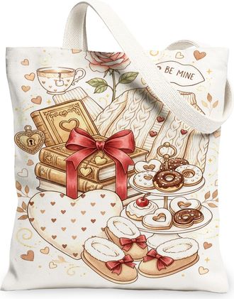 Generic ValentineS Day Cute Canvas Tote Bags, Heart Pattern Reusable Grocery Bags, Lightweight Washable Shoulder Strap Canvas for, White, 13x15 Inch