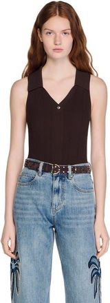Sandro Ribbed knit polo bodysuit in Brown at Nordstrom, Size X-Large