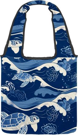 Generic Blue Wave Sea Turtle Pattern Reversible Canvas Shoulder Tote - Double-Sided Print, 12oz Cotton, 27cm Drop, Fold-Flat Bag for Travel, Shopping, Street 