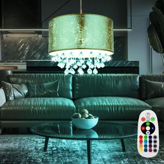 ETC Shop Lampada Da Soffitto A Pendolo In Cristallo Con Luce Dimmer In Tessuto Con Telecomando In Un Set Di Lampadine Led Rgb