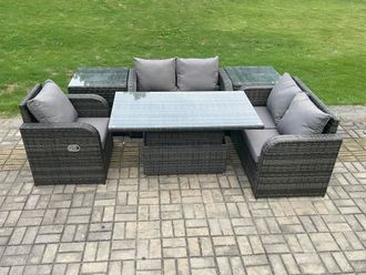 Fimous 5 Seater Rattan Furniture Garden Dining Set Outdoor Height Adjustable Rising lifting Table Love Sofa Chair in Dark Grey