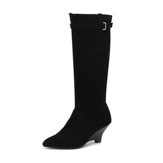 Generic Womens Wedge High Heel Long Boots Pointed Toe Knee High Boots with Side Zipper Faux Suede Western Boot with Buckle,Black,4.5 UK