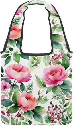 Generic Flowers and Green Leaves Reversible Canvas Shoulder Tote - Double-Sided Print, 12oz Cotton, 27cm Drop, Fold-Flat Bag for Travel, Shopping, Street Outi