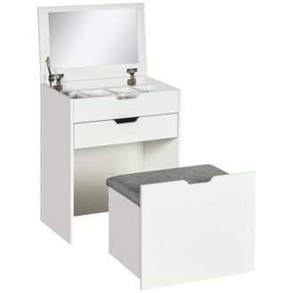 HOMCOM Dressing Table with Mirror and Stool - Vanity Table with Storage - White | TJ Hughes