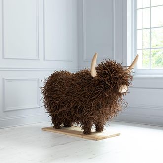 Voyage Maison Large Highland Cow Willow Wooden Sculpture in Walnut