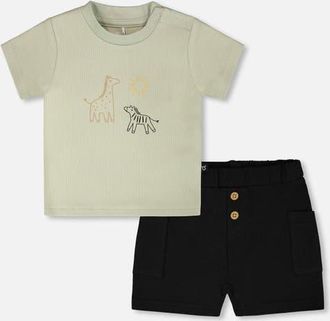 Deux par Deux Cotton Rib Jersey T-Shirt and Organic Cotton Jersey Short Set in Sage Green And Black at Nordstrom, Size 6M