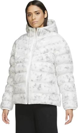 Nike Puffer Jacket Womens White Gray Swoosh Logo Hooded Full Zip UPS940