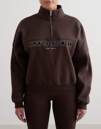 Aim'n Felpa stile college color cioccolato con zip corta-Marrone