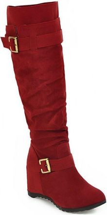 Generic Womens Knee-High Wedge Boots, Retro Plus Size Long Shaft Boots with Double Buckle Pleated Look Slip-On Shoes Autumn Winter Round Toe Dress Boots for O