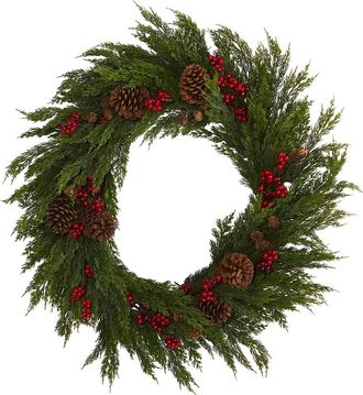 Nearly Natural 32In Cypress With Berries & Pine Cones Artificial Wreath