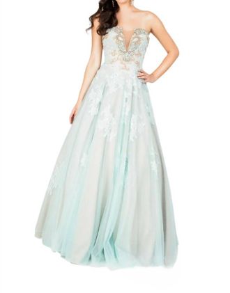 Terani Couture Plunging Illusion Neckline Prom Dress In Aqua/gold