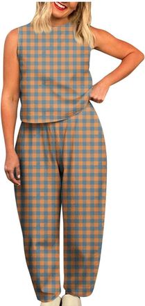 Generic Shffuw Co Ord Sets For Women Ladies Summer Lounge Wear Set Plaid Pyjamas Sleeveless Vest Top Baggy Trousers 2 Piece Outfit Suits Cotton Tops Checked P
