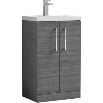 Nuie Nuie - Arno Compact Floor Standing 2-Door Vanity Unit with Ceramic Basin 500mm Wide - Anthracite Woodgrain