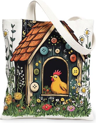 Generic Spring Chicken Poultry Canvas Tote Bag for Shopping 13x15, Fun Flower Fowl House Reusable Grocery Print Pattern Bag for Women, Cute Wildflower Beach A