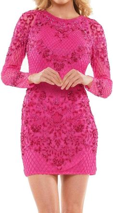 Colors Dress Beaded Long Sleeve Dress In Hot Pink