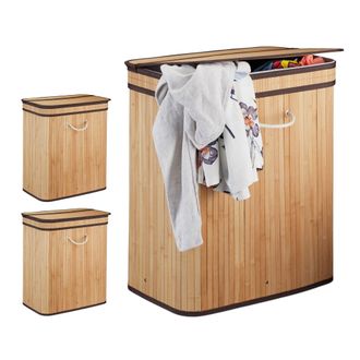 Relaxdays 3x Cestos Ropa Sucia Rectangular Con 2 Compartimentos, Cubo Colada, Canasta Con Tapa, Bamb&uacute;, 95 L, Natural