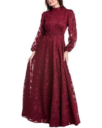 Rene Ruiz High-Neck Bishop Sleeve Cinch Waist Gown