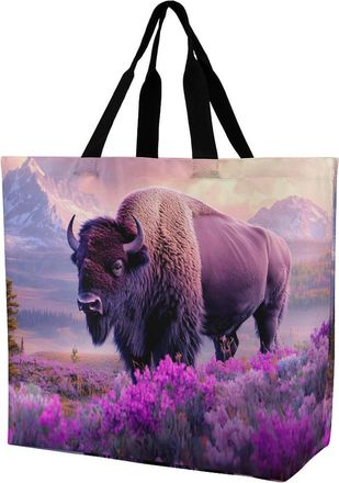 Generic Bison in Spring Tote Bag Reusable Grocery Shopping Bags Large Travel One Shoulder Handbag for Picnic Work