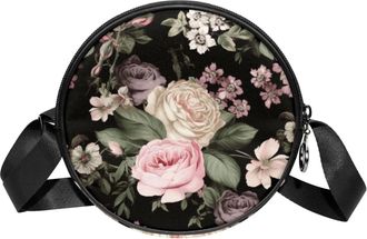 Generic Circle Crossbody Bag for Women, Classical Vintage Floral Small Sling Bag Daypack with Zipper Adjustable Shoulder Straps Casual Ladies Girls Round Purs