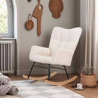 OEM Sill&oacute;n Mecedora Escandinavo 1 Plaza - Terciopelo Teddy Beige, Patas De Madera Maciza Y Marco De Metal