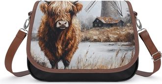 Generic Highland Cow Windmill Crossbody Bag Womens Handbag PU Message Bags Shoulder Purse with Adjustable Strap