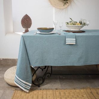 Febronie Mantel + 4 servilletas algod&oacute;n 150x250 azul petr&oacute;leo