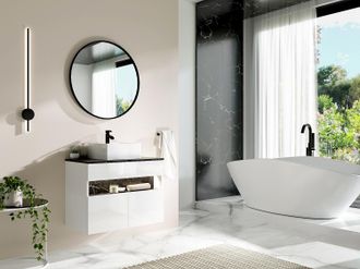 Vente-Unique Mobile per il bagno sospeso a LED con lavabo da appoggio Bianco e Nero effetto marmo L80 cm POZEGA