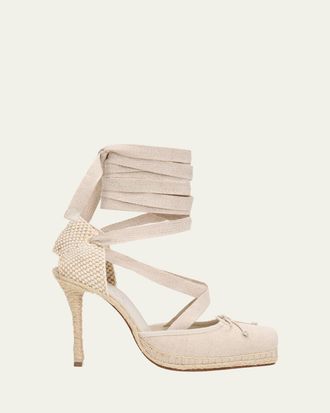 Christian Louboutin 100mm Cassiadrilla Canvas Lace-Up Espadrille Pumps