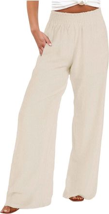 Generic Mrat Women Cotton Linen Trousers Summer Casual Baggy Trousers Elastic Waist Drawstring Pants with Pockets Ladies Harem Pants Loose Fit Plain Work Goin