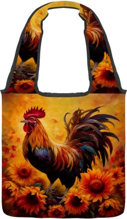Generic Rooster Sunflowers Reversible Canvas Shoulder Tote - Double-Sided Print, 12oz Cotton, 27cm Drop, Fold-Flat Bag for Travel, Shopping, Street Outings