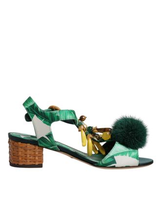 Dolce & Gabbana Green Crystal Fur Embellished Sandals Womens Shoes