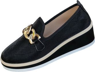 Generic Black Womens Footwear with Metal Chain Wedge Heel and Thick Sole for Daily Activities and Comfort