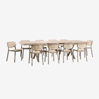 Sklum Set De Mesa Rectangular 240-300x100 Cm Extensible En Aluminio Karena Y 10 Sillas De Comedor Apilables En Polipropileno Omara Sklum