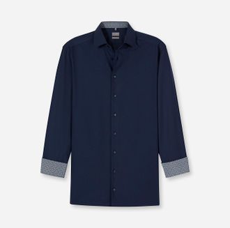Olymp Langarmhemd OLYMP Luxor, Herren, Gr. 39, N-Gr, blau (marine), Web, Obermaterial: 64% Baumwolle, 27% Polyester, 9% Elasthan, comfort fit normal, 2-Knop