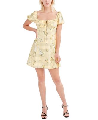 BCBGeneration Dress Yellow Check Floral Puff Sleeve Square Neck JZZ333