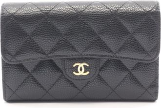Chanel Black Grained Calfskin Middle Wallet (Tri-Fold) (Pre-Owned)