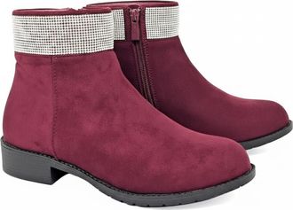 Generic Womens Ankle Boots with Rhinestone Trim, Faux Suede, Low Block Heel, Side Zip, Available in Black, Grey, Burgundy (Red, UK 4, UK Footwear Size System,