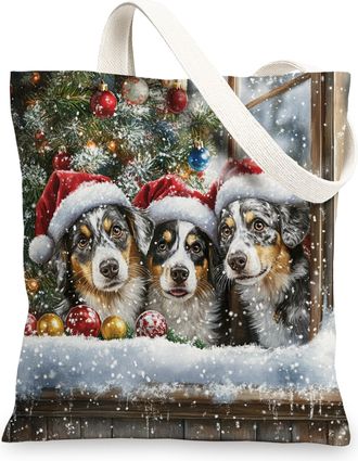 Generic Christmas Australian Shepherd Dog Canvas Tote Bag for Shopping 13x15, Xmas Balls Window Puppy Reusable Grocery Print Pattern Bag for Women Men, Holida